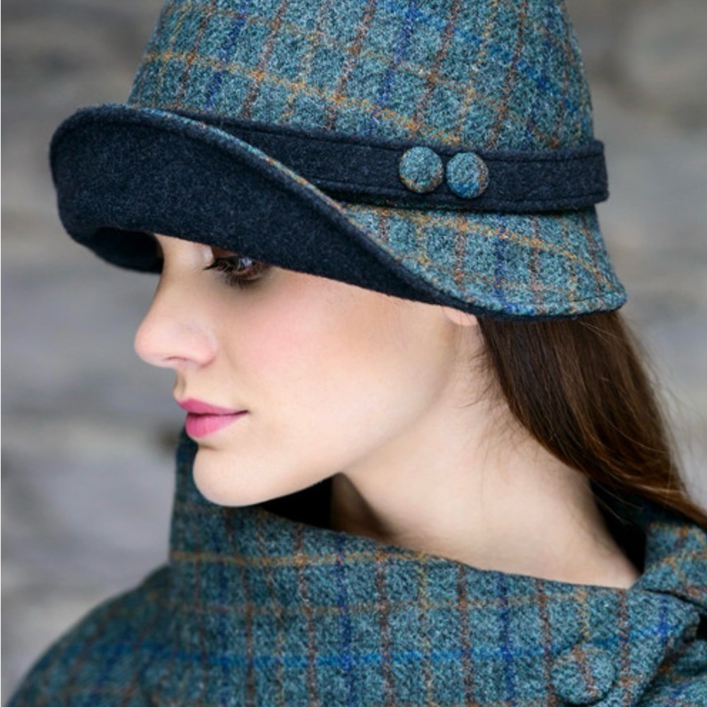 Ladies Tweed Clodagh Hat - Teal & Brown Plaid